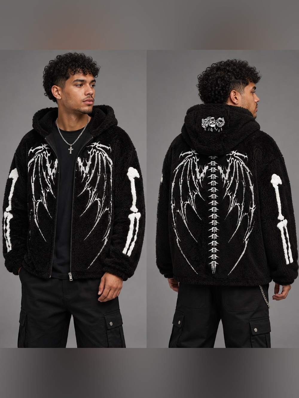 NEW Veryrare Black Hooded Men's Jacket with Skeleton Design Size Large Men